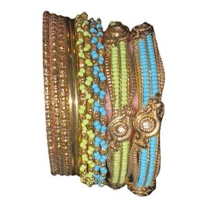 Gold-Tone Beaded Bangle Bracelet Set Turquoise & Lime Stackable Boho Jewelry J15